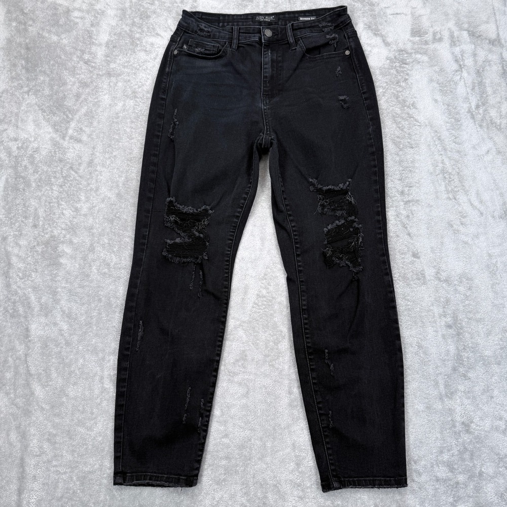 Judy Blue Boyfriend Fit Jeans Womens 9/29 Stretch‎ High Rise Black Distressed